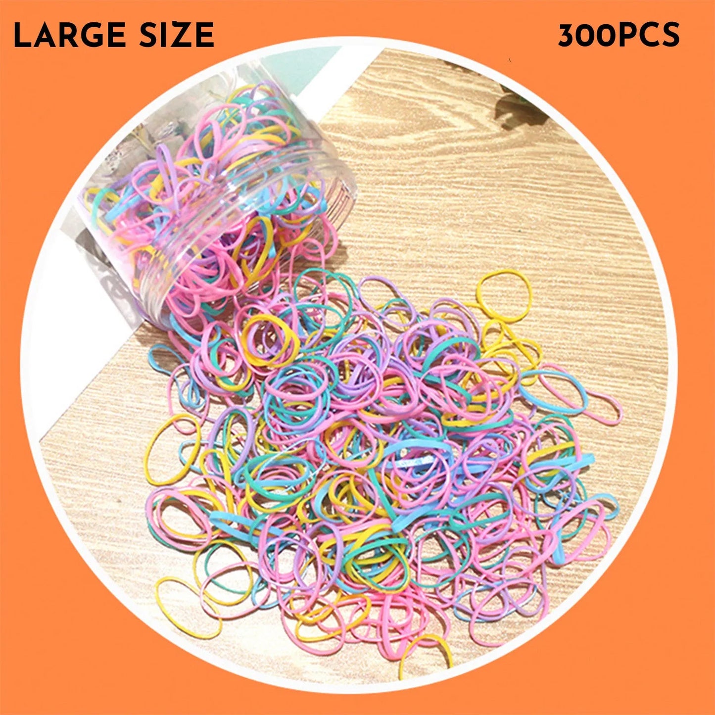 Multicoloured assortment of thin TPU elastic hair bands for babies and children in a reusable plastic container.