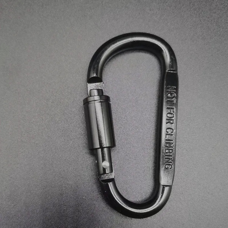 D-type aluminium climbing carabiner with screw-lock gate in bright black colour, 8cm flat design