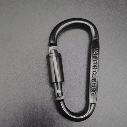 D-type aluminium climbing carabiner with screw-lock gate in bright black colour, 8cm flat design