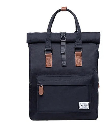 Casual polyester backpack with cover opening showing internal computer pocket and zippered compartment