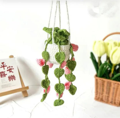 Green and white knitting wool car plant decoration with 8cm base and 25cm hanging rope