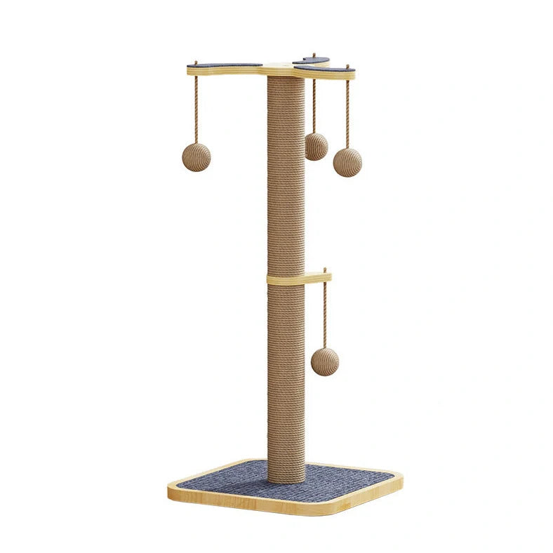 Pine wood cat climbing frame with windmill hanging ball and carpet leather scratching surfaces