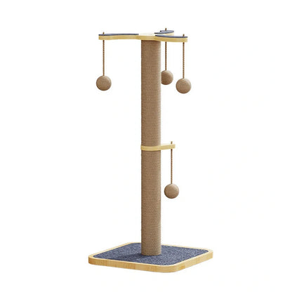Pine wood cat climbing frame with windmill hanging ball and carpet leather scratching surfaces