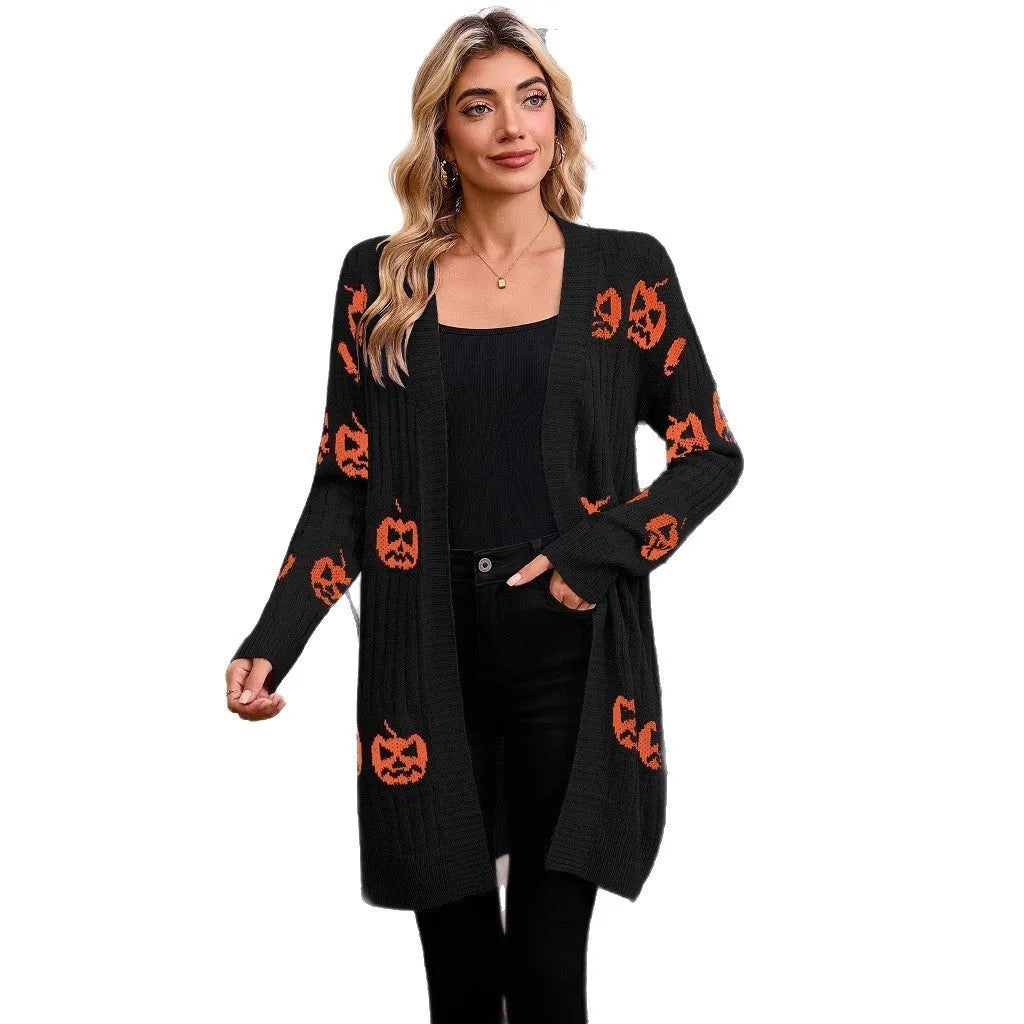 Women's black pumpkin head jacquard knitted cardigan with regular sleeves and straight cut