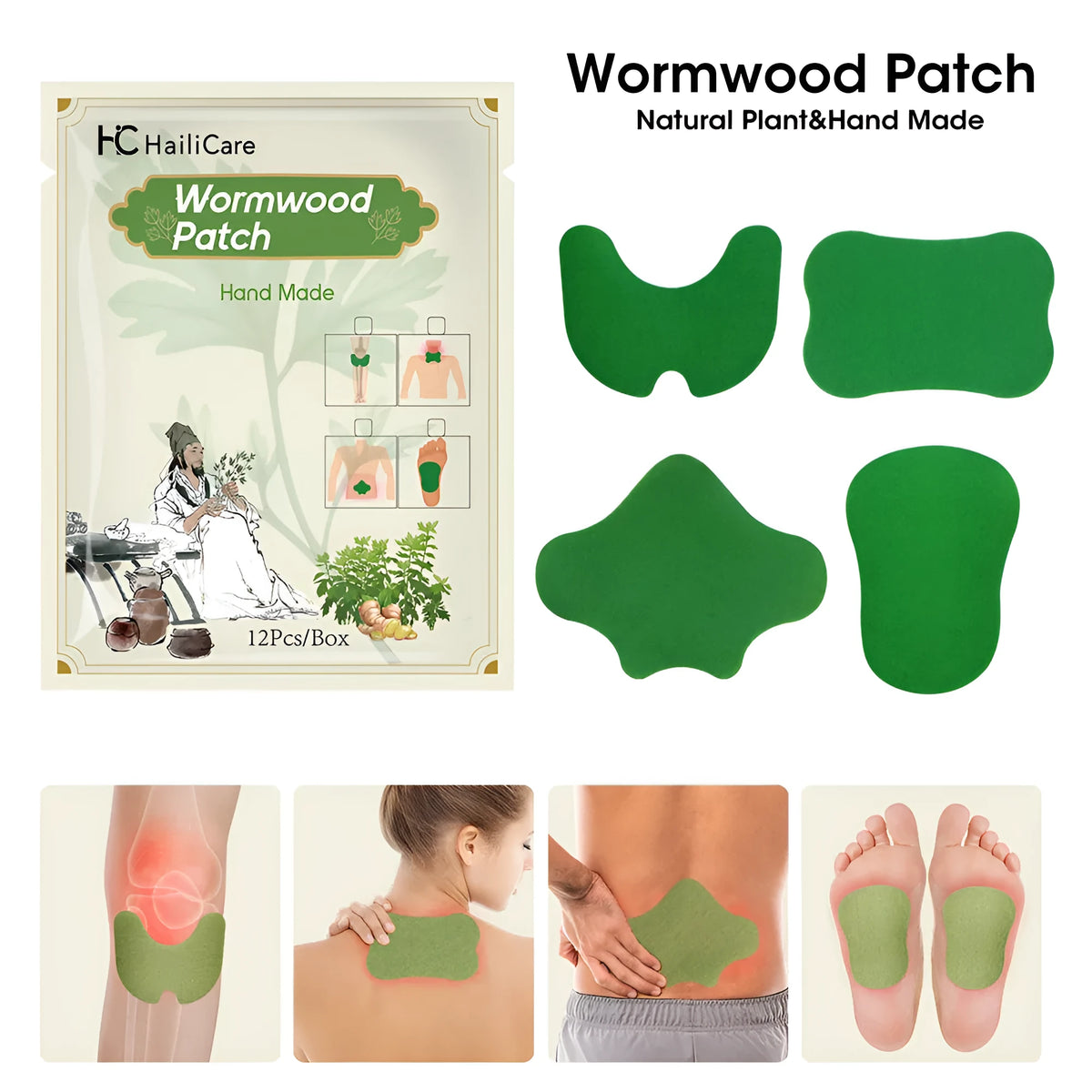 Chinese mugwort herbal patch set with 12 stickers for knee, lumbar, cervical spine and foot application