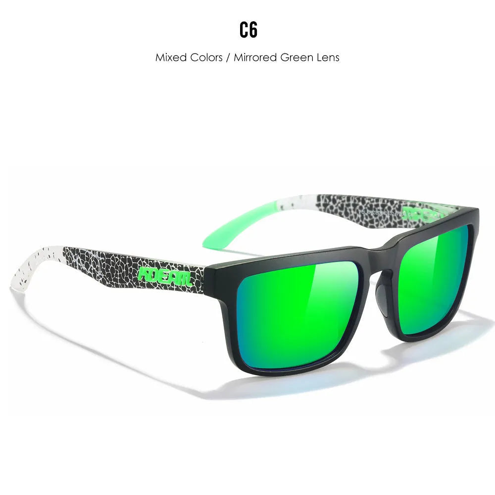 Square polarised sunglasses with TAC lenses and a PC frame, shown in one of 12 available colour options.