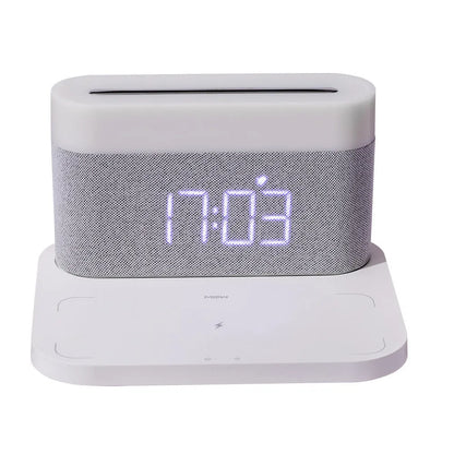 Four-in-one table lamp with clock and wireless phone charger, 12V Micro USB, White or Black