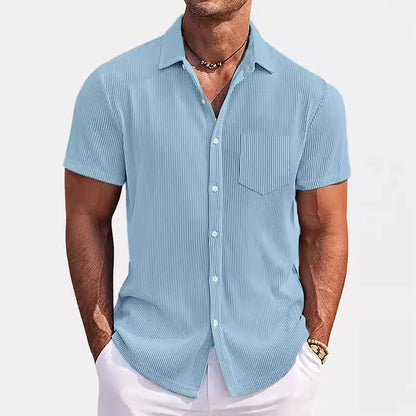 Men's solid colour loose fit short-sleeved shirt with vertical striped detail in a selection of colours.