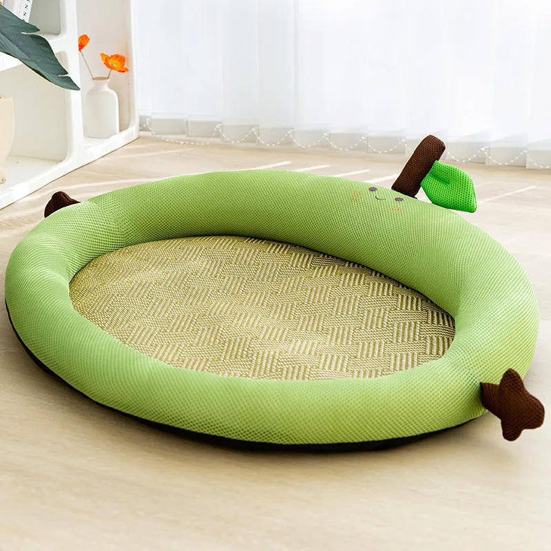 Green fruit-shaped backrest pet cooling mat for a dog, showing nest design and size scale.