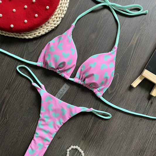 Backless one-piece swimsuit with heart print in quick-drying nylon fabric