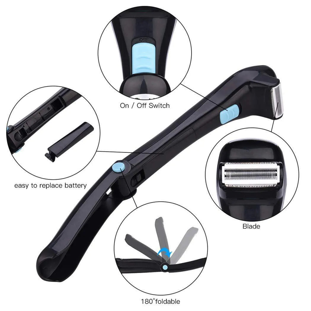 Black folding electric body hair removal shaver on a white background