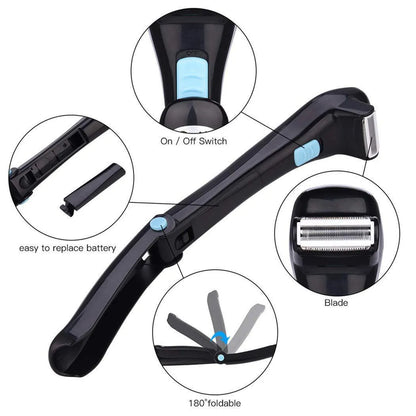 Black folding electric body hair removal shaver on a white background