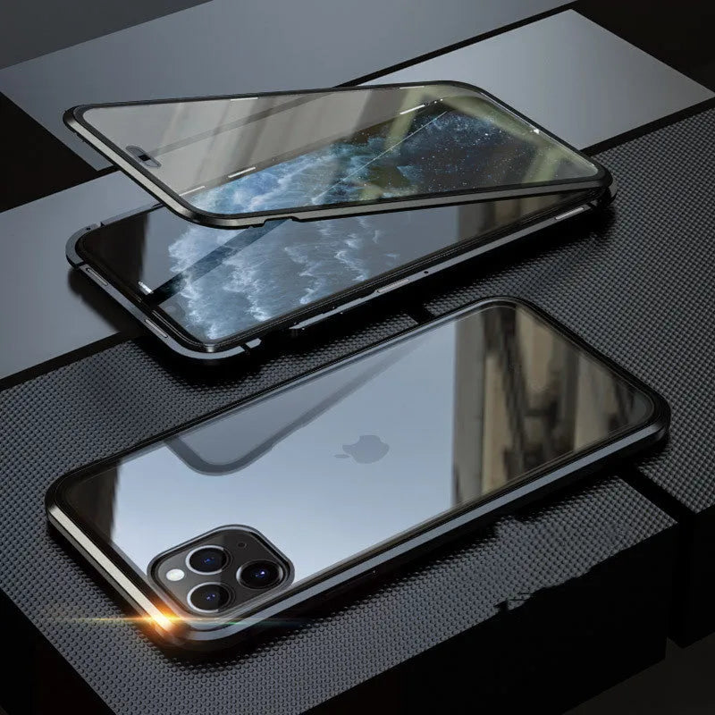 Clamshell anti-spy phone case in solid colours for iPhone models with machined glass geometry style