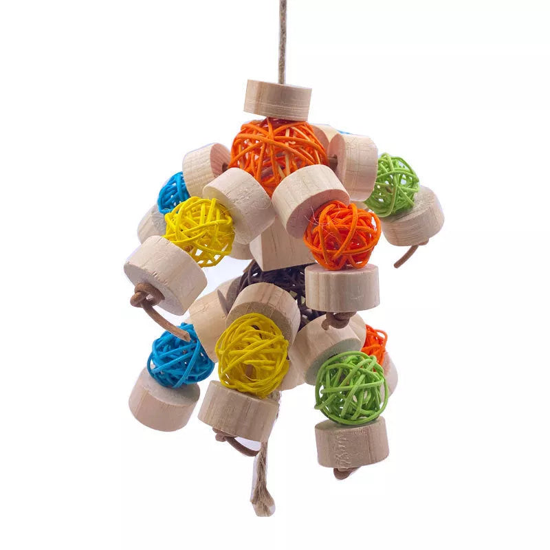 Natural wood nibbling toy for birds, available in small, medium, and large sizes