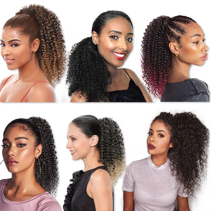 Drawstring puffy ponytail with afro curls in medium length for women, shown in simple style and colour options 1B, 27 and Bug.