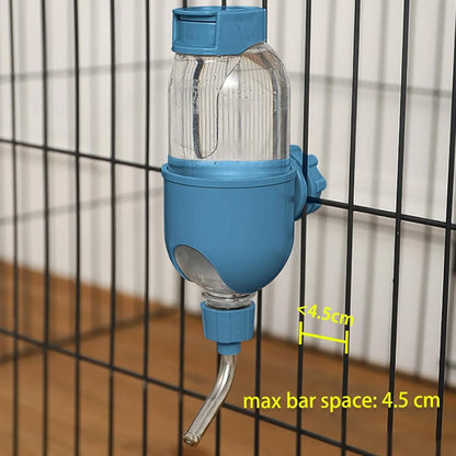 Blue small animal water bottle with rotatable nozzle mounted on a wire cage for a rabbit or guinea pig.