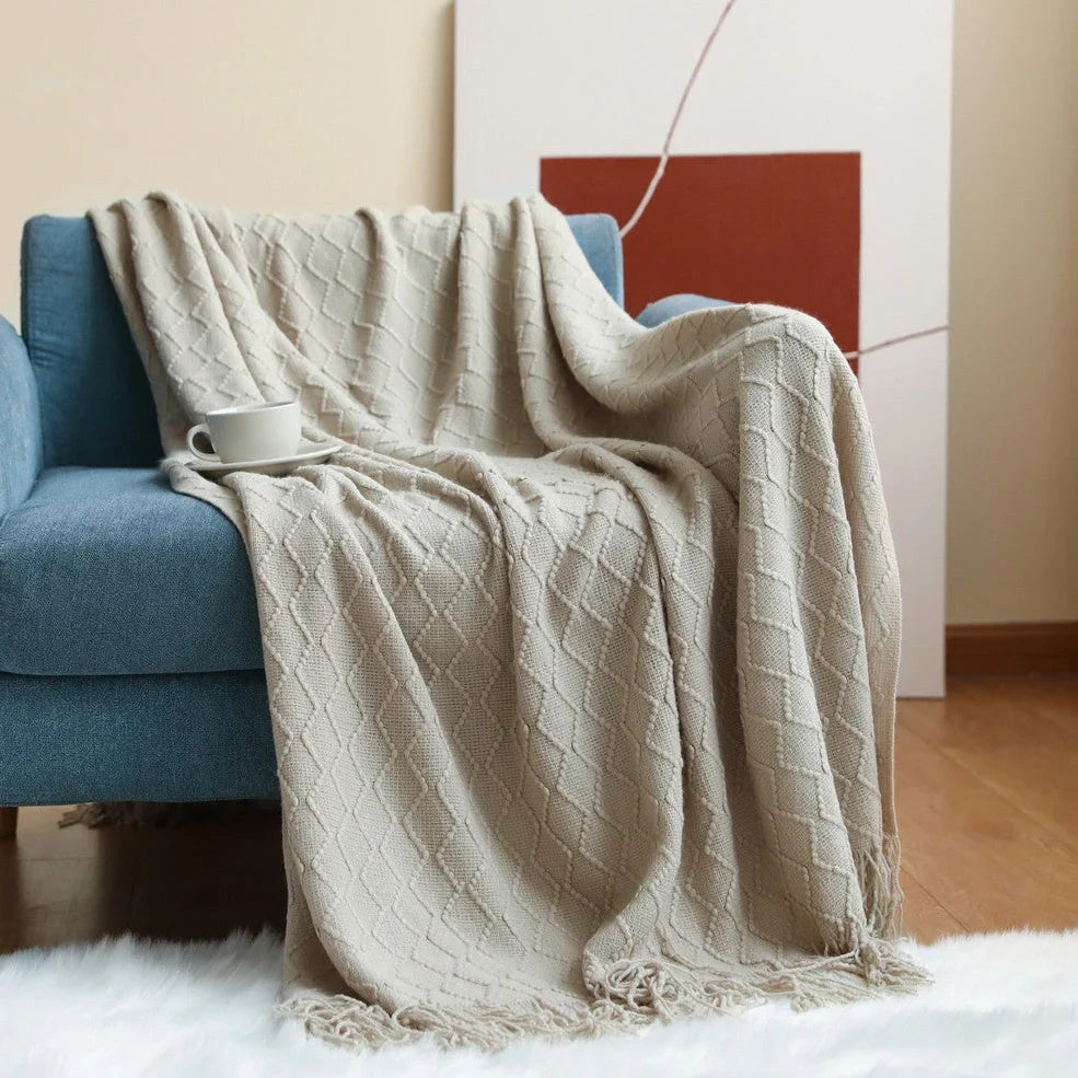 Nordic knitted sofa blanket in beige, yellow, khaki, grey, blue, or pink measuring 127x152cm or 130x200cm