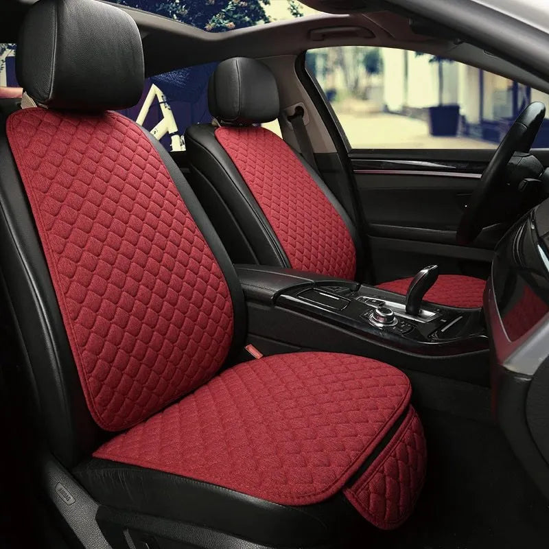 Flax linen car seat cover protector in beige, black, red and brown, with cushion and five-seat style options.