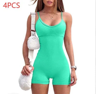 Stylish spaghetti strap jumpsuit in various vibrant colors, perfect for yoga, workouts, and everyday wear.