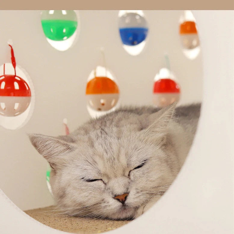 Integrated cat scratch board with attached nest and dangling bell ball toy on 15cm cord