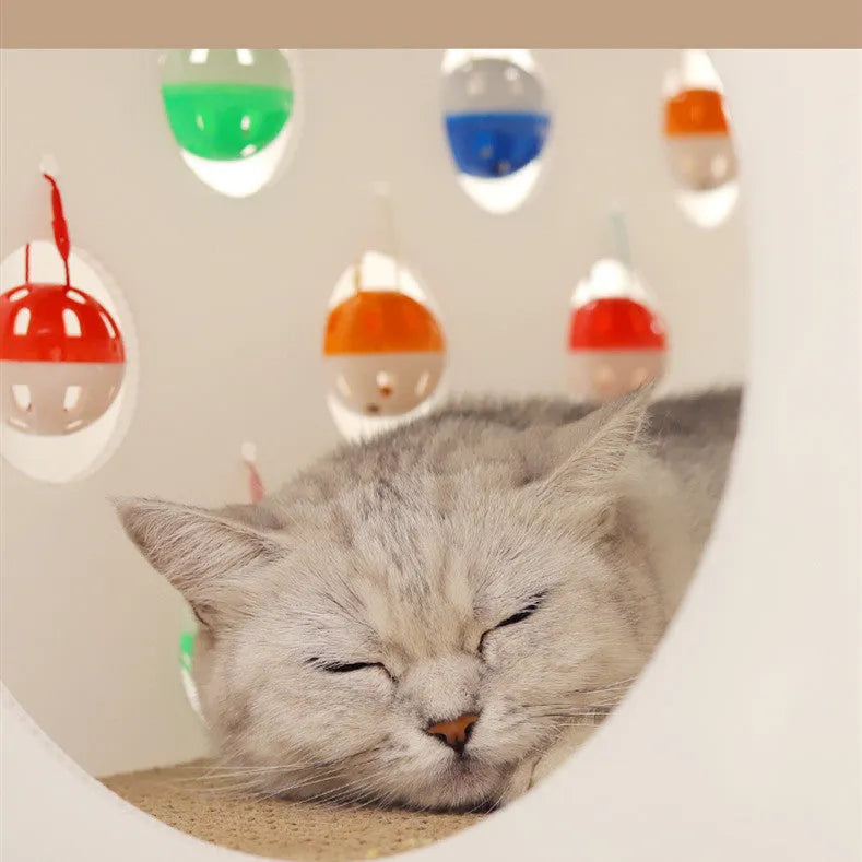 Cat scratch board with integrated 40cm nest and dangling bell ball toy for feline enrichment