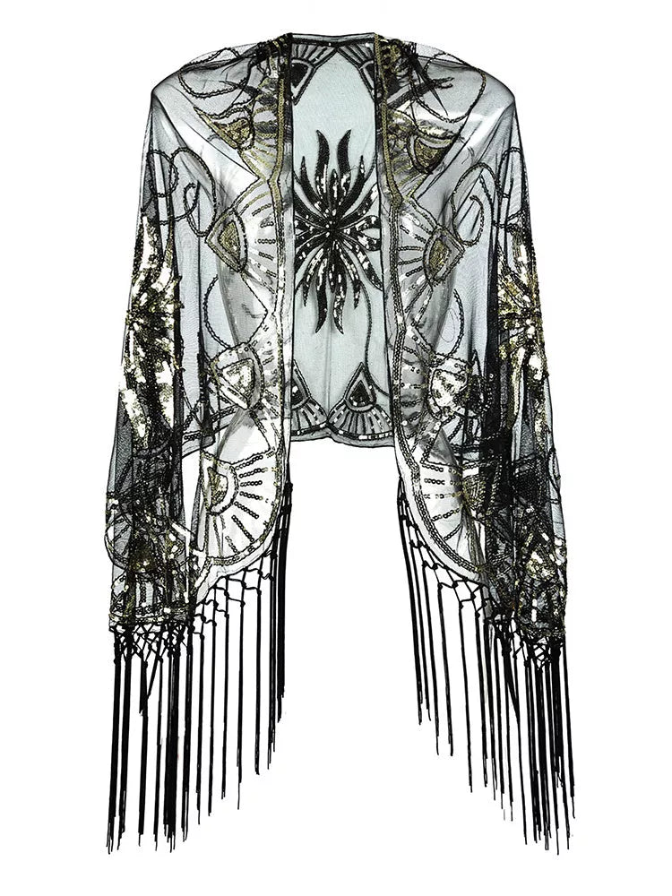 Flapper Gatsby Party Mesh Short Cover Up Dress Accessory in black with V-neck design