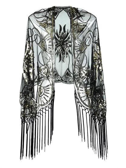 Flapper Gatsby Party Mesh Short Cover Up Dress Accessory in black with V-neck design