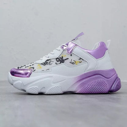 Light Sole Running Shoes in red, purple, and silver with breathable mesh design