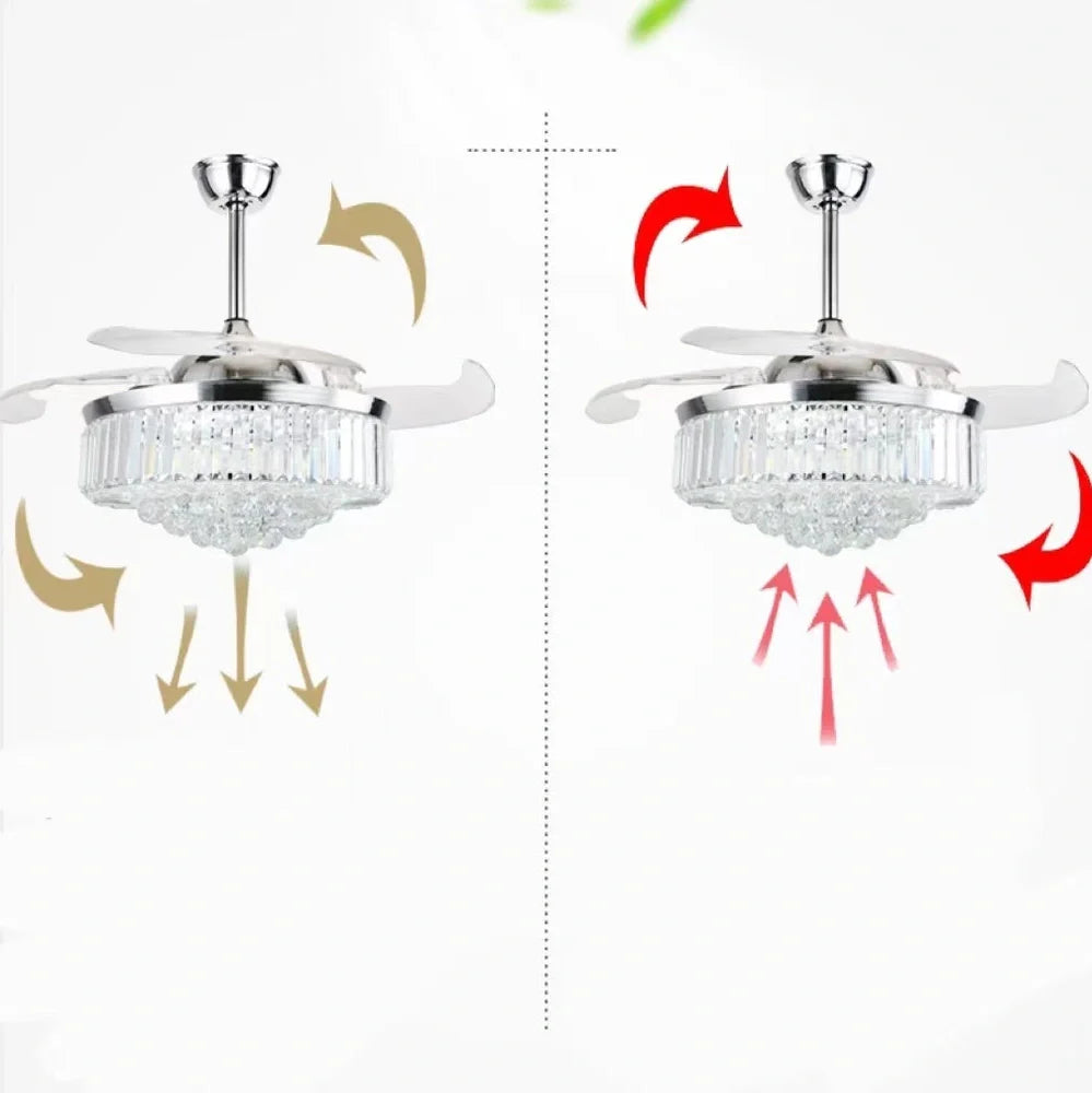 Crystal ceiling fan light with LED chandelier and 42-inch blades in European style with copper framework