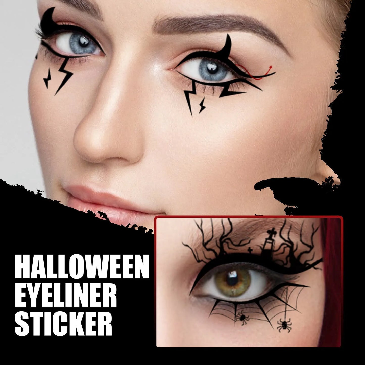 Bat and spider themed eyeliner stickers set with 8 pairs for decorative eye makeup