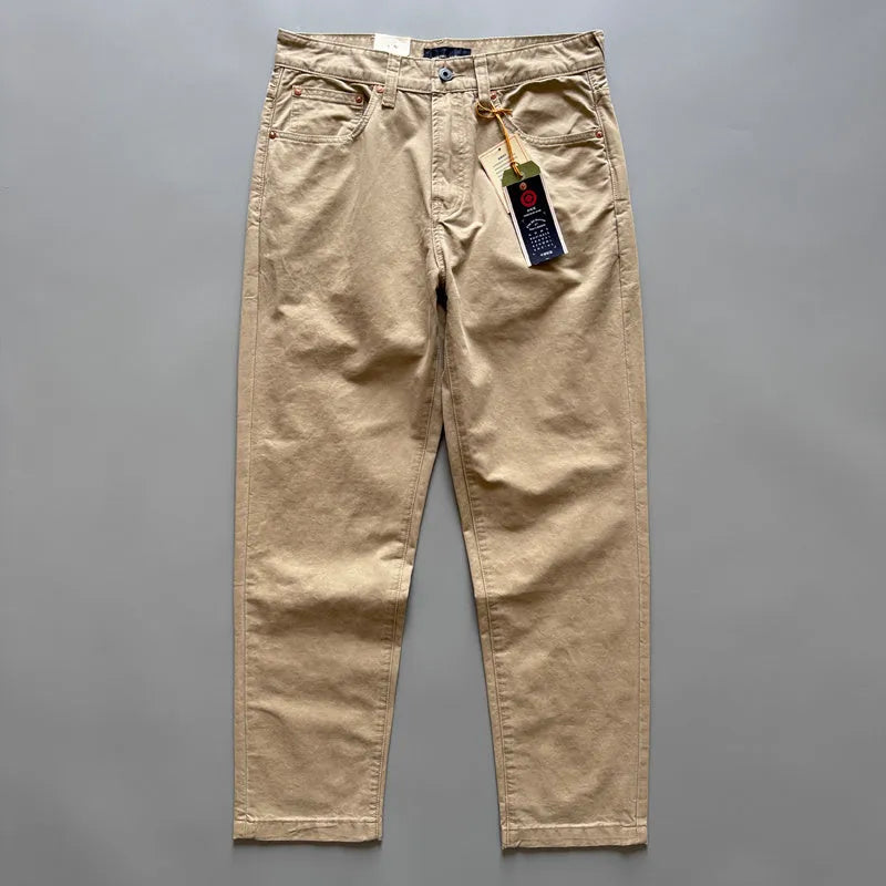 Men's straight leg casual cotton trousers in grey colour showing mid-waist fit and straight silhouette