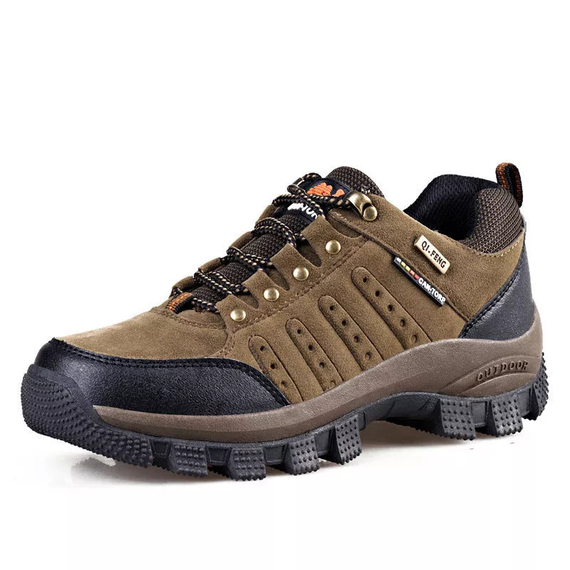 Men's and women's large size non-slip hiking shoes in Khaki/Yellow, Dark Green/Yellow, and Brown/Orange