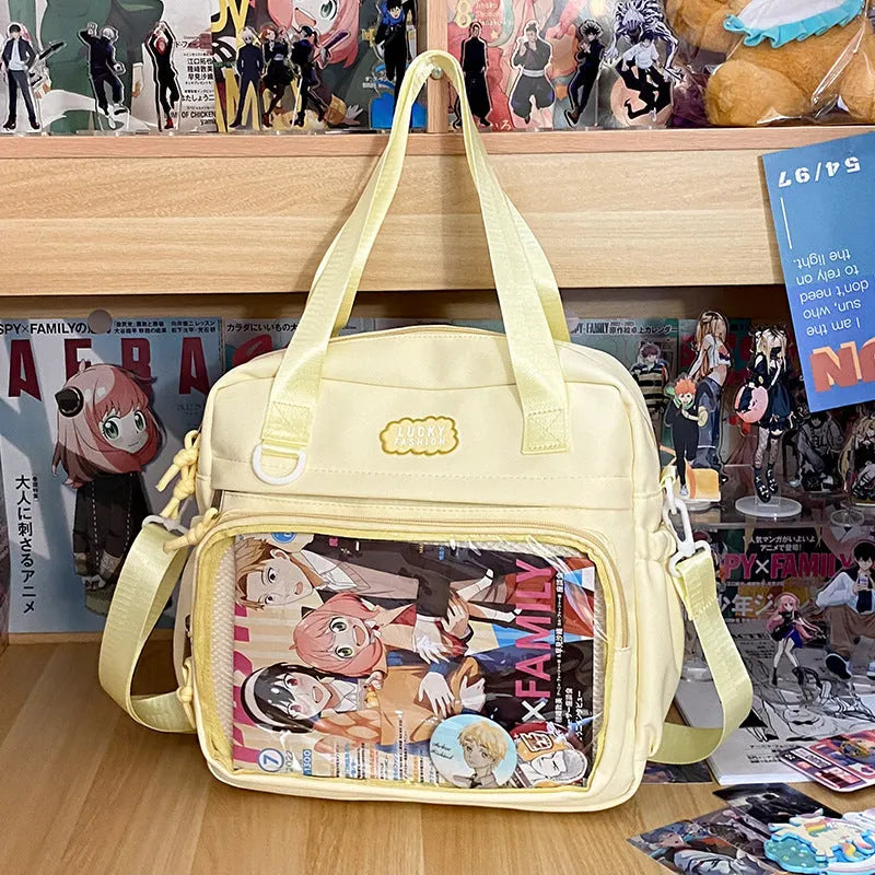 Large capacity nylon shoulder bag for women, 31 x 31 x 9cm, casual contrast colour design with lace-up detail.