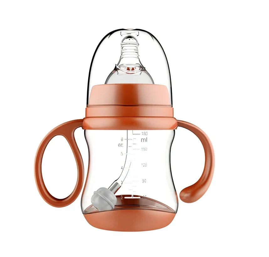 Baby feeding bottle with curved double handles in blue or pink, showing wide caliber opening and transparent PP construction