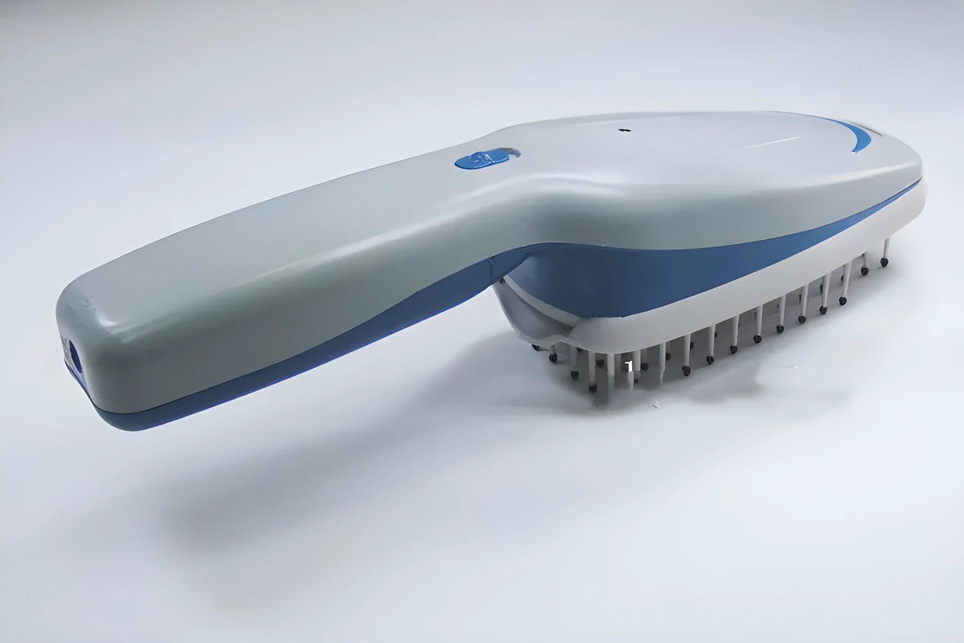 White pet grooming comb with negative ion and ozone technology, removable brush head, 21.5cm long.
