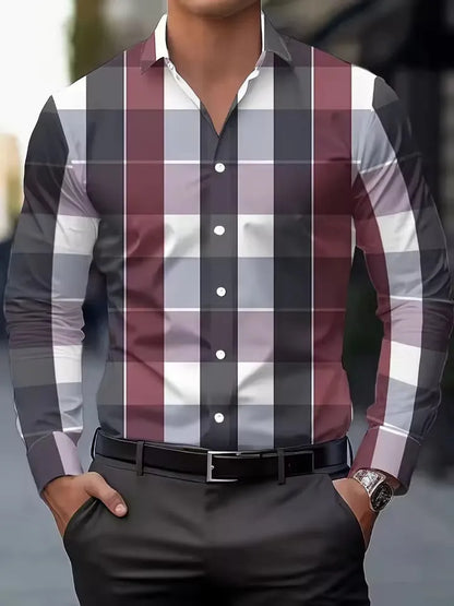 Men's striped long sleeve button-up shirt in polyester available in multiple colours and sizes