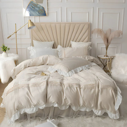 Korean princess style lace bed skirt four-piece quilt cover set in 99% cotton, 200x230cm for 1.5m bed