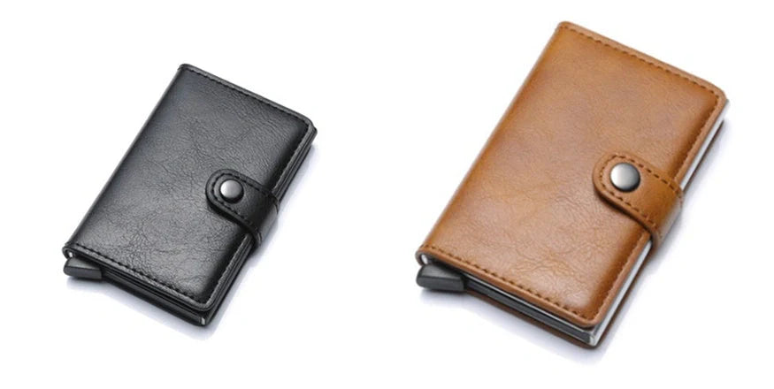 Men's RFID-blocking vintage wallet with aluminum purse and leather cover