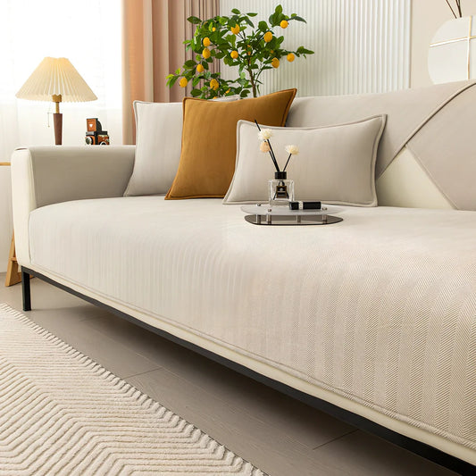 Chenille sofa cushion cover in army green with matching pillowcase on grey sofa