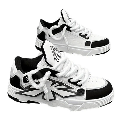 Men's white clunky sneakers with cartoon totem patterns, low-top design, and rubber soles for casual leisure wear