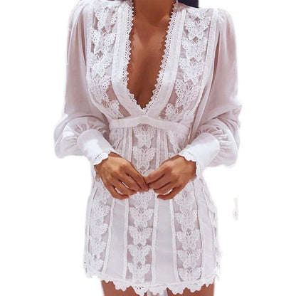 Elegant white dress with sexy V-neck, lace details, and puff sleeves for women