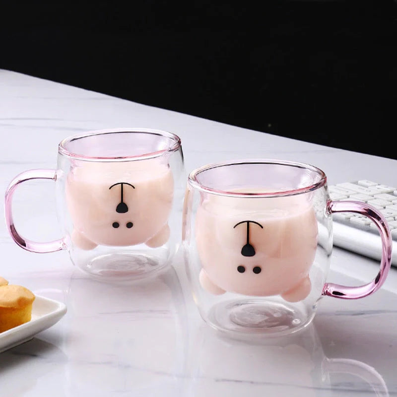 Creative Bear Double Coffee Milk Glass Cup for Kids in four colors: transparent, pink, lake green, and amber