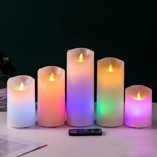 LED electronic candle lamp with remote control in cylindrical paraffin casing