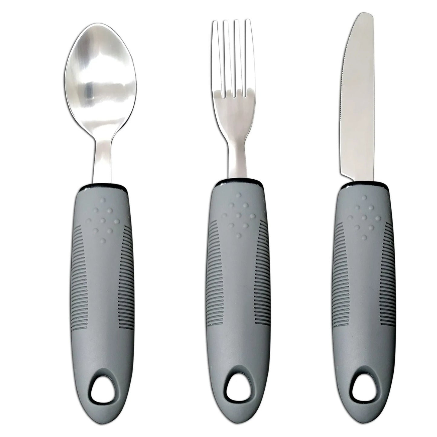 Stainless steel adaptive eating utensils with rubber handles and bendable components for elderly anti-shake support
