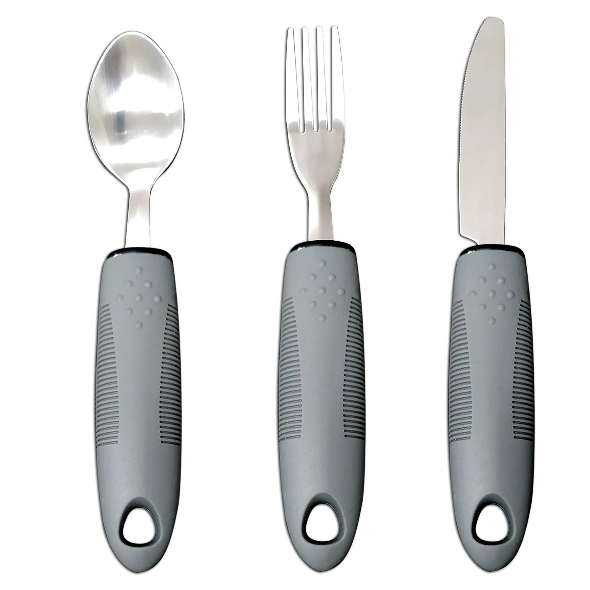 Stainless steel adaptive eating utensils with rubber handles and bendable components for elderly anti-shake support