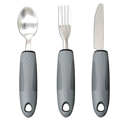 Stainless steel adaptive eating utensils with rubber handles and bendable components for elderly anti-shake support