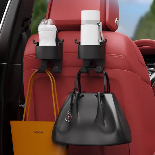 Black plastic car seat back hook organiser with cup holder compartment