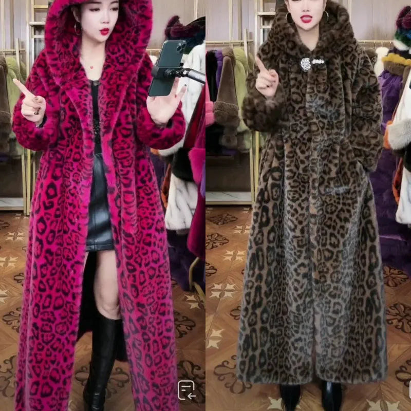 Brown leopard print faux fur coat with regular sleeves, 100cm length, plus size outerwear