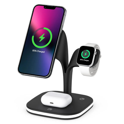 Black desktop wireless charging stand showing phone, smartwatch and headphone charging simultaneously