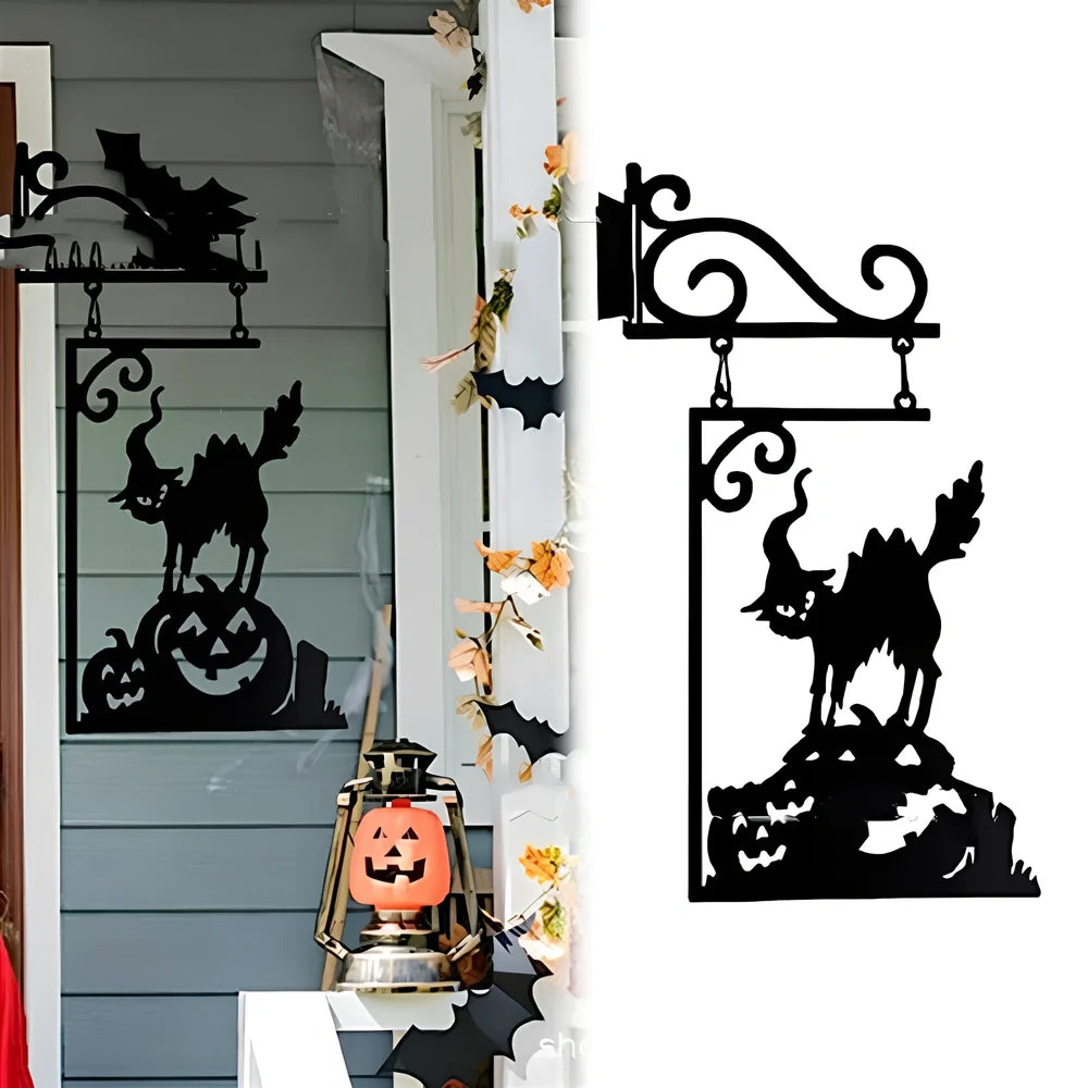 Halloween courtyard metal decorations with four silhouette designs including witch, cat, ghost, and broom measuring 26x18cm